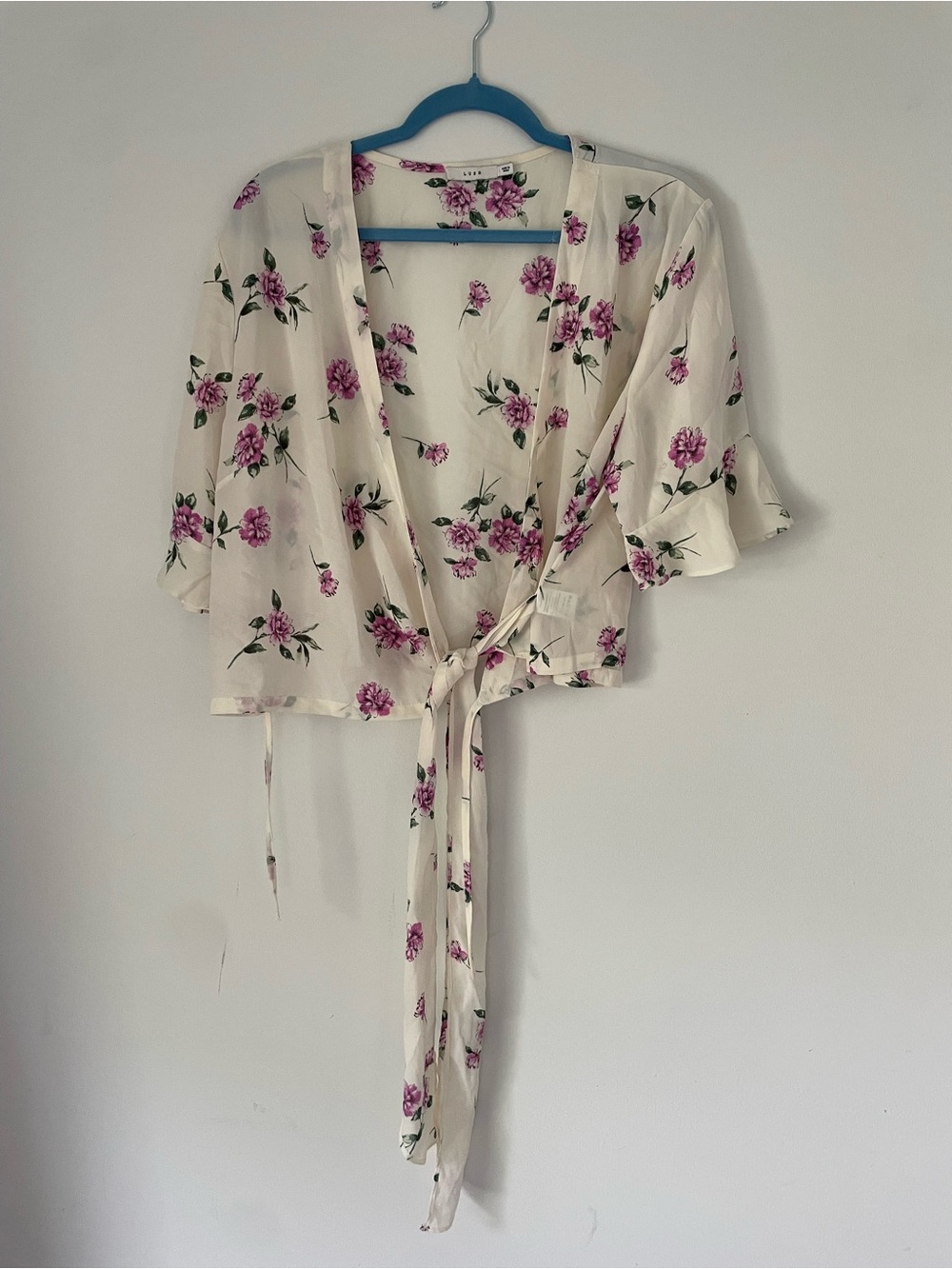 Lush Cream Floral Tie-Front Wrap Top with Pink Blooms